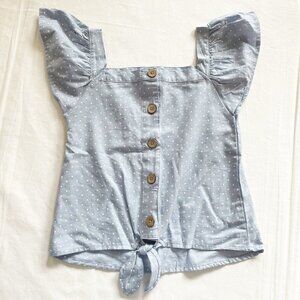 Penelope Mack Girls Blue Polka Dot Button-Front Top With Tie Hem & Ruffled Sleev